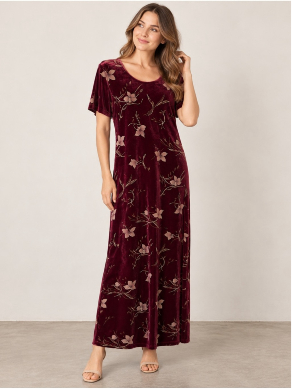 R.M. Vintage Velvet Floral Maxi Dress - Burgundy Size S Boho Cottagecore 90s